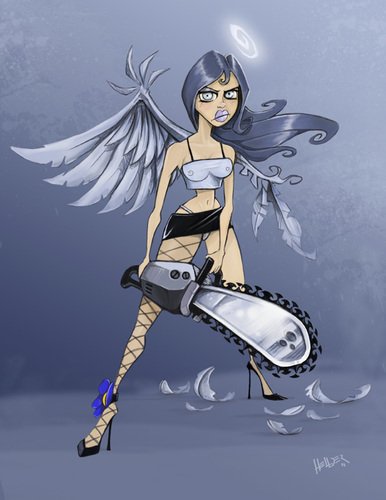Cartoon: Chainsaw angel (medium) by Hellder Gonzales tagged cartoon,angel,chainsaw,color,new,school