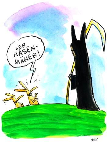 Cartoon: Angsthasen (medium) by ari tagged ostern,dead,hare,tod,hasen,easter,plikat,sensenmann