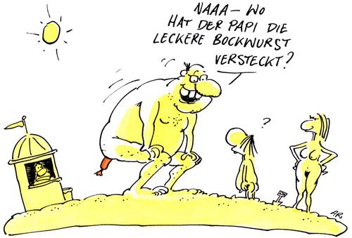 Cartoon: bockwurst (medium) by ari tagged urlaub,bockwurst,sonne,frau,sohn,vater,strand,wurst,fleisch
