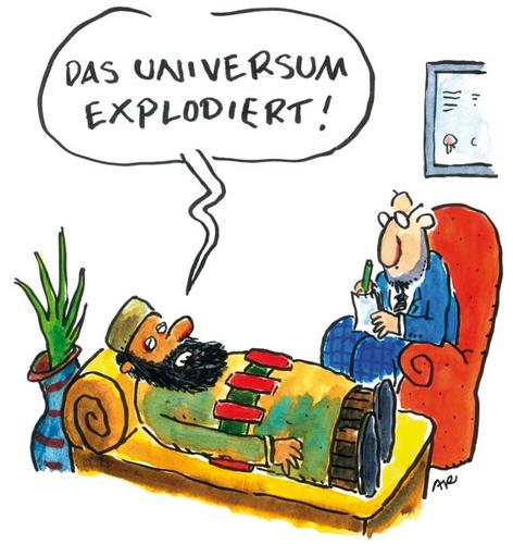 Cartoon: universum (medium) by ari tagged sprengstoffgürtel,islam,psychiater,gewalt,terror,universum,explosion,bombe,krank