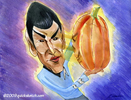 Cartoon: Mr. Spock meets Jack O Lantern (medium) by MartyMac tagged caricature,star,trek,mr,spock,space,aliens,halloween