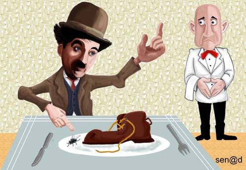 Cartoon: charlie chaplin in restaurant (medium) by Senad tagged senad,nadarevic,bosnia,bosna,karikatura,charlie,chaplin