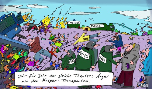 Cartoon: Ärger (medium) by Leichnam tagged castor,transporte,kasper,polizei,chaoten,atomkraft,aufeinandertreffen,akw,jahr,für,theater,chaos,leichnam,gewusel