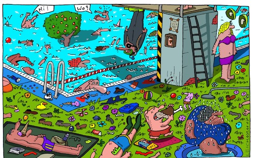 Cartoon: altbekannter Scherz (medium) by Leichnam tagged altbekannter,scherz,freibad,schwimmbad,hai,hi,sommer,sonne,urlaub,hitze,plantschen,wasser