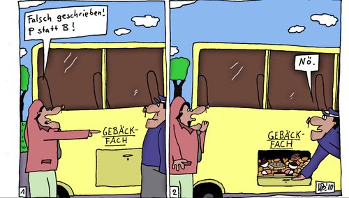 Cartoon: Am Bus (medium) by Leichnam tagged bus,busfahrer,fahrgast,gepäck,gebäck,verwechslung,buchstaben