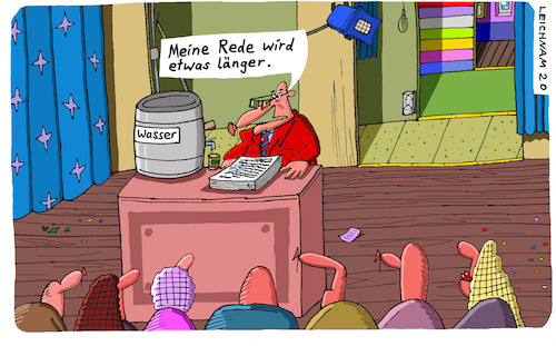 Cartoon: Am Pult (medium) by Leichnam tagged pult,rede,redner,wasser,wasserfass,fass,wasserglas,lang,langatmig,leichnam,leichnamcartoon