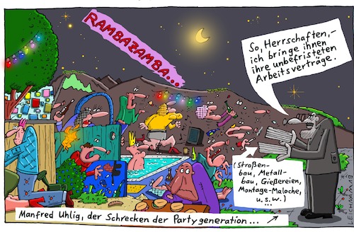 Cartoon: Am späten Abend (medium) by Leichnam tagged manfred,uhlig,schrecken,partygeneration,leichnam,leichnamcartoon,arbeitsvertrag,spaßbremse