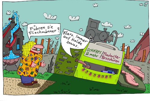 Cartoon: An der Bude (medium) by Leichnam tagged bude,verkauf,flachmänner,flachwitze,klaro,halde,lager,leichnam,leichnamcartoon,broschüren