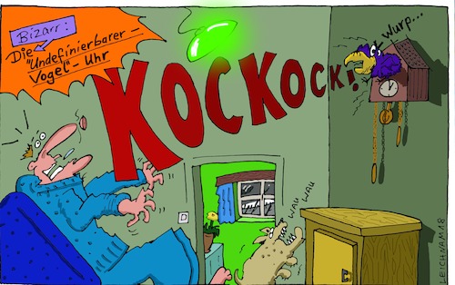 Cartoon: An der Wand (medium) by Leichnam tagged an,der,wand,undefinierbar,kuckuck,kockock,kuckucksuhr,bizarr,uhr,wanduhr,wurp,wau,erschrocken,schock,unerwartet,vogel,leichnam,leichnamcartoon