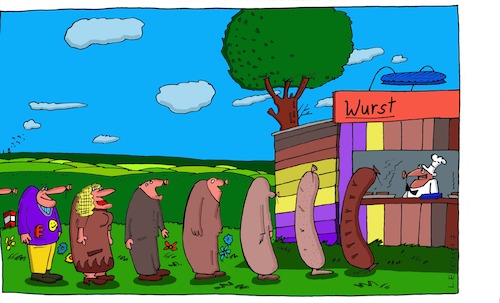 Cartoon: anstellen (medium) by Leichnam tagged anstellen,wurst,nahrung,bude,verkauf