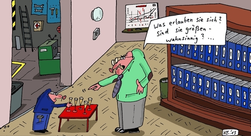 Cartoon: Arbeitswelt (medium) by Leichnam tagged arbeitwelt,werkhalle,büro,chef,arbeiter,groß,klein,wahnsinnig,sekt,macht,unterdrückung