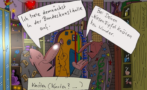 Cartoon: Auftritt (medium) by Leichnam tagged auftritt,ehe,bundeskunsthalle,knoten,knöten,fragezeichen,stolz,nasenzipfel,leichnam,leichnamcartoon