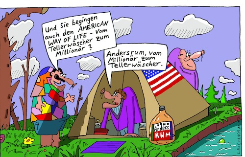 Cartoon: AWOL (medium) by Leichnam tagged awol,american,way,of,life,zelt,leichnam,leichnamcartoon,tellerwäscher,millionär,geld,andersrum,umgedreht