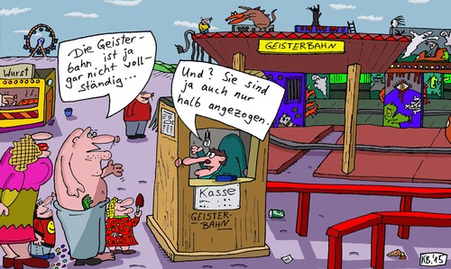 Cartoon: Beschwerde (medium) by Leichnam tagged beschwerde,geisterbahn,gespenster,rummelplatz,schausteller,halb,unvollständig,kleidung,kasse
