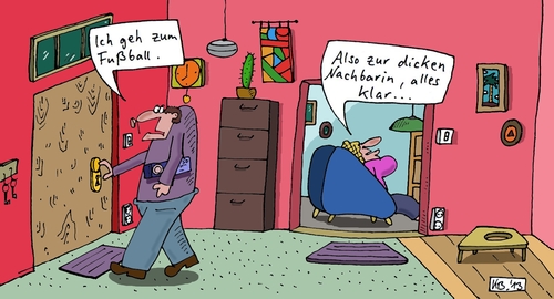 Cartoon: das Haus verlassen (medium) by Leichnam tagged haus,verlassen,fußball,vorwand,ehe,nachbarin,fremdgehen