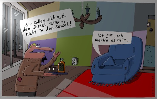 Cartoon: Das Möbelstück (medium) by Leichnam tagged möbelstück,sessel,setzen,aufforderung,ermahnung,demut,merken,leichnam,leichnamcartoon