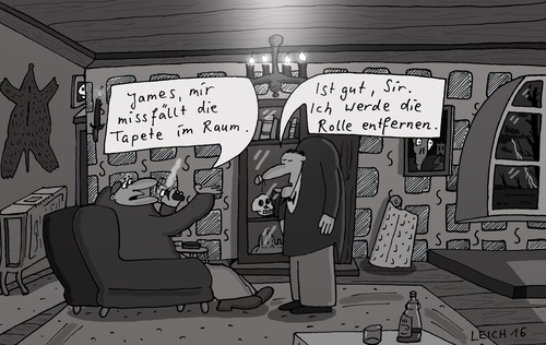 Cartoon: Diener (medium) by Leichnam tagged diener,james,rolle,tapete,missfallen,sir,hausherr,herrenhaus,entfernen,lakai