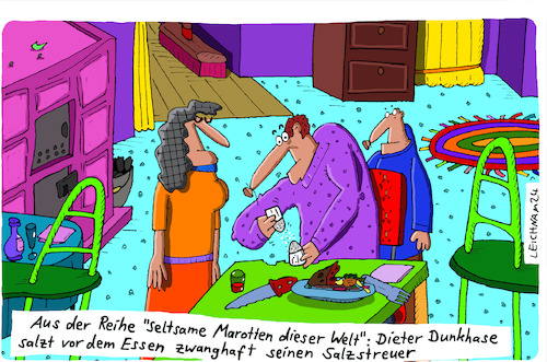 Cartoon: Dieter (medium) by Leichnam tagged dieter,dunkhase,marotten,leichnam,leichnamcartoon,salzstreuer,salzen,essen,zwangshandlung,zwanghaft