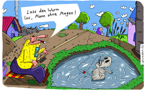 Cartoon: Ereignis (medium) by Leichnam tagged ereignis,angler,angel,wurm,tümpel,skelett,leichnam,leichnamcartoon