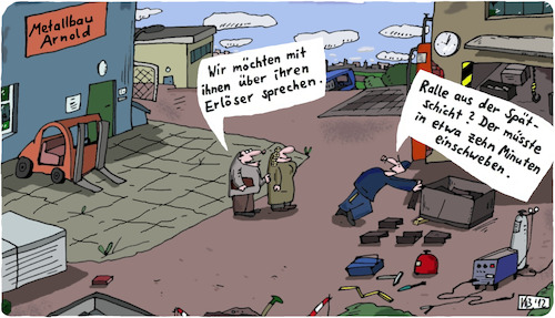 Cartoon: Erlöser (medium) by Leichnam tagged erlöser,leichnam,leichnamcartoon,arbeitswelt,metallbau,spätschicht,frühschicht,erschöpft,arbeiter,worker,schweißer