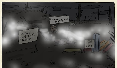 Cartoon: Festplatz (medium) by Leichnam tagged festplatz,erster,juni,kindertag,hüpfburg,kinderschminken,schabracke,nebel,nacht,düsternis,ödnis
