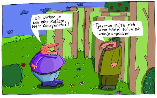 Cartoon: Feststellung (medium) by Leichnam tagged feststellung,wirkung,kulisse,kulissenwald,wald,oberförster,anpassen,anpassung,leichnam,leichnamcartoon,flach,dick,rund,kugelig