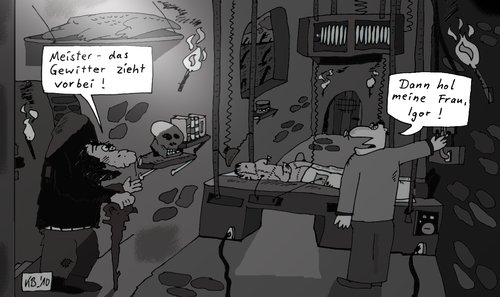 Cartoon: Frankenstein (medium) by Leichnam tagged baron,frankenstein,gruselfilm,gruselgeschichte,wiederbelebung,gewitter,düsternis