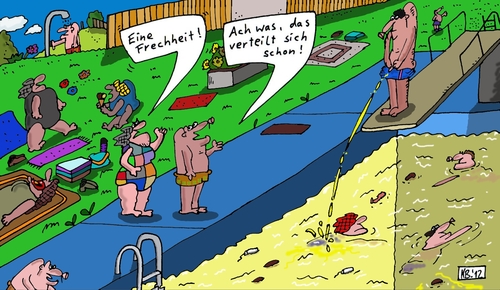 Cartoon: Frechheit (medium) by Leichnam tagged urin,frechheit,pullern,freibad,schwimmbad,urlaub,sommer,sonne,sport