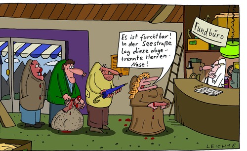 Cartoon: furchtbar (medium) by Leichnam tagged furchtbar,herrennase,fundbüro,finder,abgabe