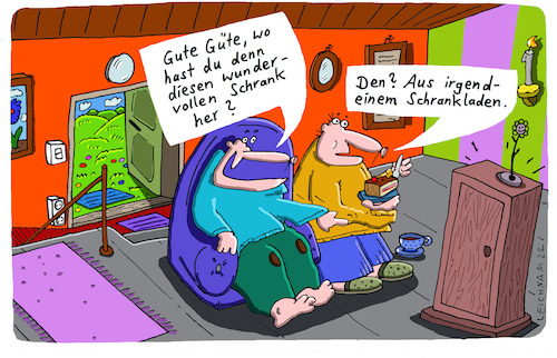 Cartoon: Gute Güte (medium) by Leichnam tagged gute,güte,schrank,schrankladen,möbel,möbelstück,nachgefragt,nachgehakt,freunde,sessel,leichnam,leichnamcartoon