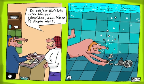 Cartoon: Haushaltstipp (medium) by Leichnam tagged idee,freibad,schwimmbad,hausmann,tränen,augen,messer,schneiden,unterwasser,zwiebeln,leichnam,haushaltstipp