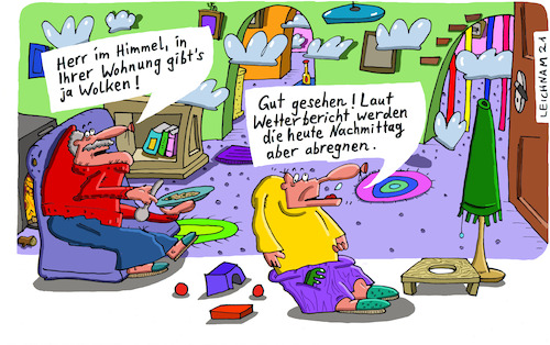 Cartoon: Herr im Himmel (medium) by Leichnam tagged herr,himmel,wohnung,wolken,regen,abregnen,wetterbericht,nachmittag,leichnam,leichnamcartoon