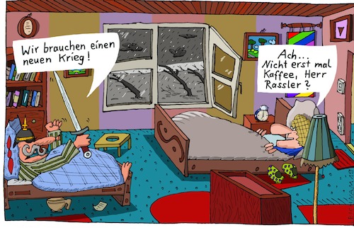 Cartoon: Im Bett (medium) by Leichnam tagged bett,krieg,säbel,pickelhaube,kaffee,rassler,zorn,unverzüglich,jetzt,notwendigkeit,leichnam,leichnamcartoon