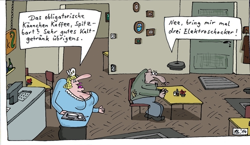 Cartoon: Kännchen Kaffee (medium) by Leichnam tagged kännchen,kaffee,gastwirtschaft,kaltgetränk,elektroschocker,bestellung,kellnerin,obligatorisch