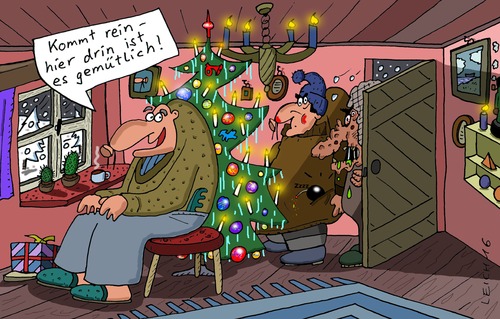 Cartoon: Kommt rein! (medium) by Leichnam tagged kommt,rein,reinkommen,gemütlich,behaglich,weihnachten,bombe,schabracke,tannenbaum,schön,warm,stürmt,und,schneit,kälte,kalt