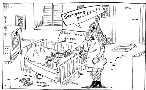 Cartoon: Krankenzimmer (medium) by Leichnam tagged krankenzimmer,krankenhaus,krankenschwester,stuhlgang,sesselgalopp,fäkalhumor