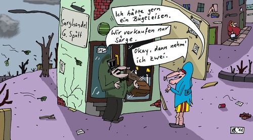 Cartoon: Kundenwunsch (medium) by Leichnam tagged kundenwunsch,leichnam,särge,erdmöbel,bügeleisen,spött,sarghandel,käufer,verkäufer,zwei