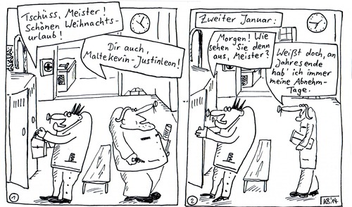 Cartoon: Meister (medium) by Leichnam tagged meister,tschüss,weihnachtsurlaub,jahresende,januar,abnehmen,lehrling,ausbilder,diät