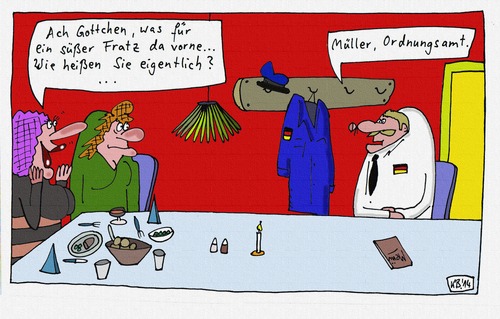 Cartoon: Müller privat (medium) by Leichnam tagged müller,ordnungsamt,privat,gaststätte,süßer,fratz,name,dienstbeflissen,vorstellung