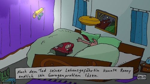 Cartoon: nach dem Tode (medium) by Leichnam tagged schlafzimmer,problemlösung,garage,ronny,bett,auto,lebensgefährtin,tod