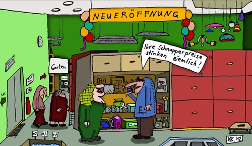 Cartoon: Neueröffnung (medium) by Leichnam tagged neueröffnung,supermarkt,schnupperpreise,verkauf,geschäft,gestank,kunde