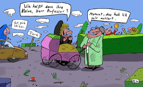 Cartoon: Neulich im Park (medium) by Leichnam tagged park,neulich,tochter,töchterchen,kleine,kinderwagen,professor,namen,notizen,leichnam,zerstreut,moment