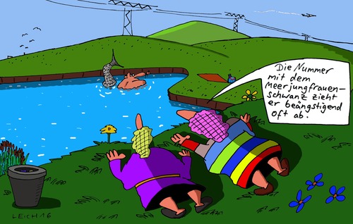 Cartoon: Nummer (medium) by Leichnam tagged nummer,wasser,teich,see,beobachtung,meerjungfrau,fischschwanz,beängstigend,oft,bizarr,grotesk