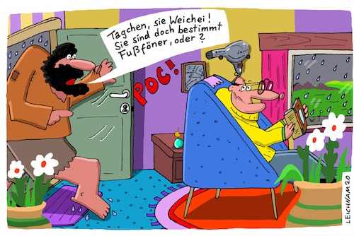 Cartoon: Rein da! (medium) by Leichnam tagged rein,fußföner,weichei,leichnam,leichnamcartoon,regen,nässe,nass,eindringling