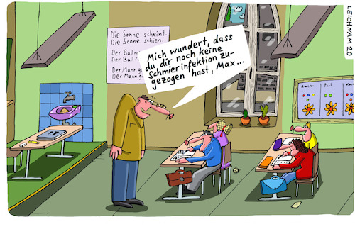 Cartoon: Schule (medium) by Leichnam tagged schüler,schule,lehrer,klassenzimmer,schönschrift,schmieren,schmierfink,schmierinfektion,schreiben,hefte,leichnam,lernen,leichnamcartoon,schrift