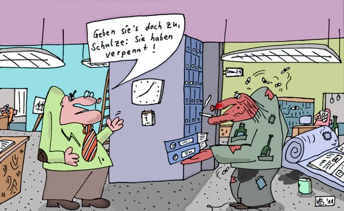 Cartoon: Schulze (medium) by Leichnam tagged schulze,büro,chef,boss,penner,leichnam,trinker,säufer,arbeit,zugeben,platte,matte,fußboden