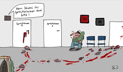 Cartoon: Seidel (medium) by Leichnam tagged seidel,leichnam,innereien,wartezimmer,arzt,sprechzimmer,praxis,eins,zwei,angst,furcht,gehirn,gedärm,blut