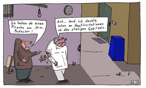 Cartoon: Sie haben das was ... (medium) by Leichnam tagged sie,haben,da,was,professor,arm,knochen,fleisch,blut,hunger,hautirritationen,stetiges,gekitzel,verwirrt,zerstreut,akademiker,beobachtung,aufmerksam,auffallend,raubfisch,zähne