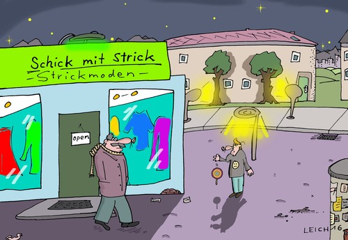 Cartoon: Slogan (medium) by Leichnam tagged slogan,schick,strick,laden,geschäft,verkauf,werbespruch,mode,trend