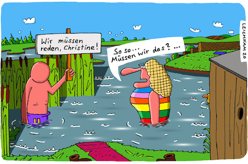 Cartoon: So so ... (medium) by Leichnam tagged so,schilf,wasser,tümpel,teich,reden,christine,ehe,müssen,zweifel,kugelkopf,leichnam,leichnamcartoon